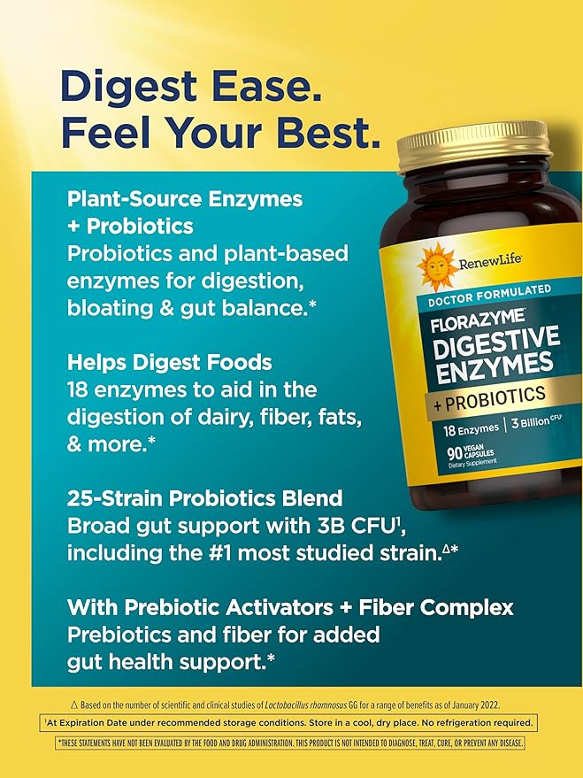 Renew Life Florazyme Digestive Enzymes with Probiotics | Doctor Formulated | Helps Occasional Gas, Bloating & Discomfort | Digestive & Immune Health | Dairy Free | 90 Vegan Capsules