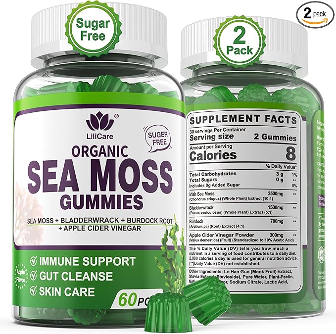 (2 Pack) Sea Moss Gummies - Irish Sea Moss Gummies for Adults & Kids - Advanced Superfood Seamoss Supplement with Organic Bladderwrack & Burdock Root Extract,ACV for Daily Immune, Gut Cleanse, Vegan