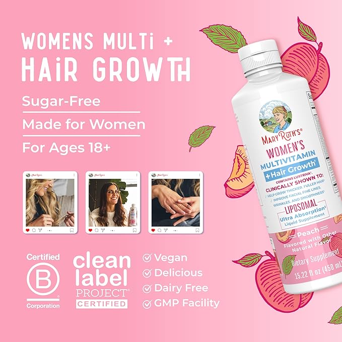 MaryRuth Organics Women's Multivitamin Lustriva Hair Growth Liposomal | Biotin | Vitamin D, B | Clinically Tested for Thicker Hair, Fine Lines, Skin Care | Ages 18 | Hair Vitamins | 15 Fl Oz-SeraviaPure