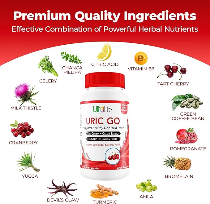 #1 URIC GO Uric Acid Cleanse Support Supplement for G.O.U.T - Natural Kidney Cleanse Detox Formula Chanca Piedra, Celery Seed, Tart Cherry, Cranberry, Pomegranate, Turmeric, Vegan Non-GMO 60 Capsules-SeraviaPure