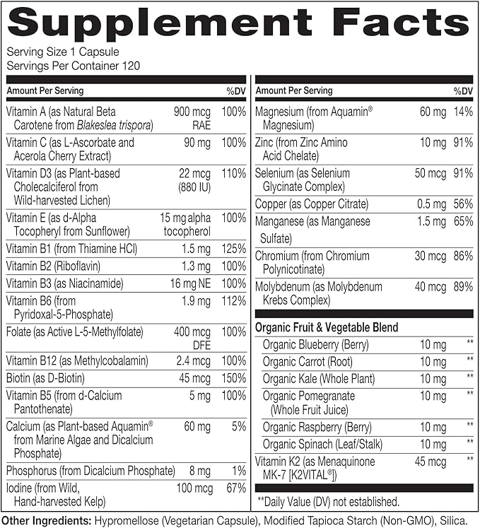NATURELO One Daily Multivitamin for Women 50+ (Iron Free) - Menopause Support for Women Over 50 - Whole Food Supplement - Non-GMO - No Soy - 120 Capsules - 4 Month Supply-SeraviaPure