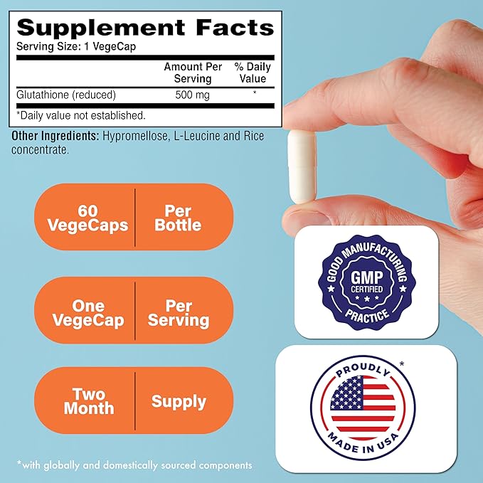 Health Thru Nutrition Glutathione Reduced 500mg Vegecaps | Vegan Certified | Fermented | Non GMO and Hypoallergenic | Master Antioxidant | Healthy Skin and Cellular Aging Support (Pack of 60)