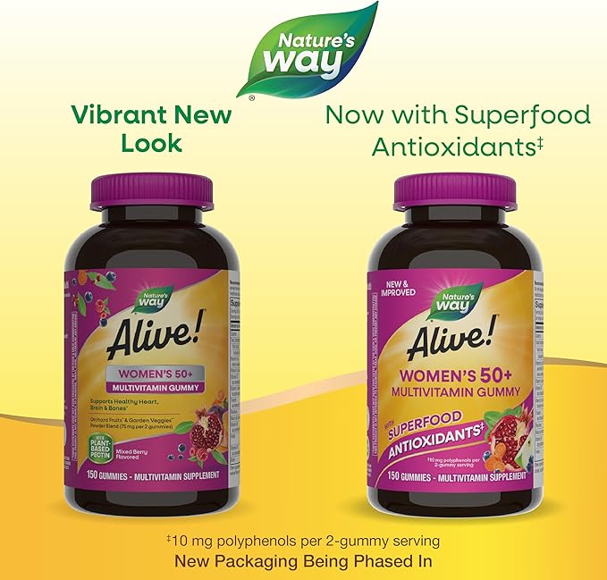 Nature's Way Alive! Women’s 50+ Daily Gummy Multivitamins, Supports Multiple Body Systems*, Supports Healthy Heart, Brain & Bones,* B-Vitamins, Mixed Berry Flavored, 150 Gummies(Packaging May Vary)-SeraviaPure