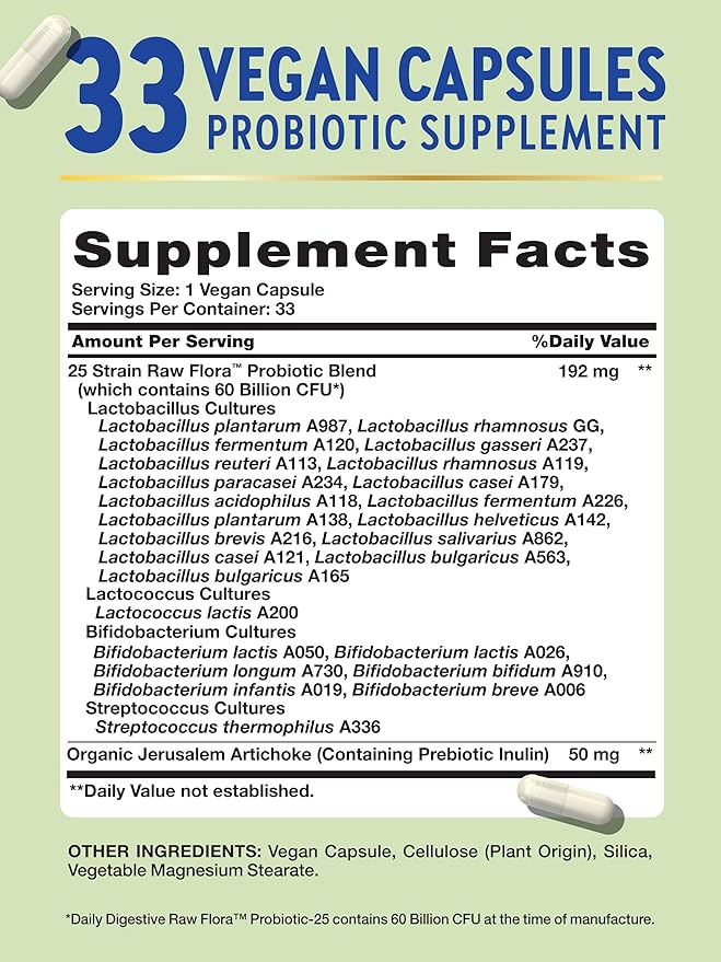 Raw Flora Probiotic with Prebiotics | 60 Billion CFU | Daily Digestive Vegan Capsules | Gluten Free Supplement for Men and Women | by Nature's Truth-SeraviaPure