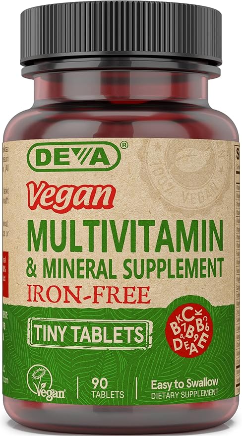 DEVA Tiny Tablets Vegan Multivitamins for Women & Men, Multivitamin Iron Free, Mineral Supplement, Vitamin C, Vitamin B Complex, Vitamin B12, Vitamin E, Zinc, Gluten Free, 90 Tablets-SeraviaPure