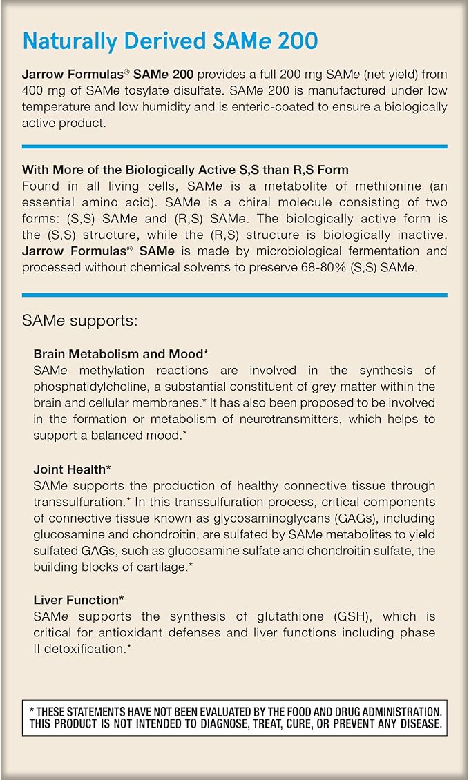 Jarrow Formulas® SAMe 200 mg, Supports Joint Health, Liver Function, Brain Metabolism, 60 Tablets, Up To A 60 Day Supply-SeraviaPure