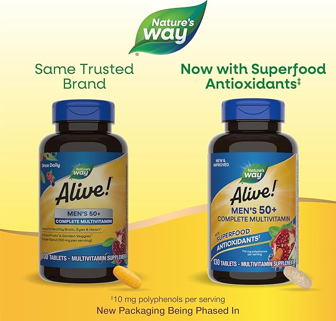 Nature’s Way Alive! Men’s 50+ Complete Multivitamin, Supports Multiple Body Systems*, Supports Cellular Energy*, High Potency B-Vitamins, Gluten-Free, 130 Tablets-SeraviaPure