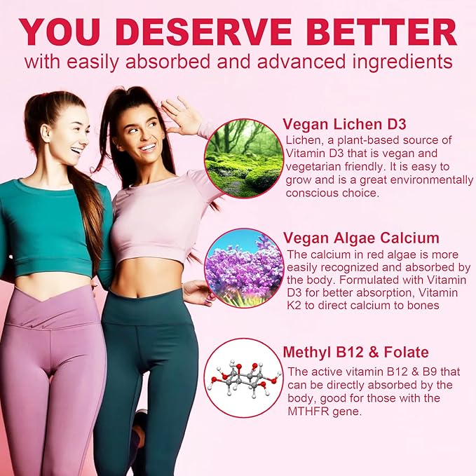 (2 Pack) Sugar Free Methylated Multivitamin for Women Gummies with Calcium, D3 K2, Inositol, Folate, Biotin, Iron, Vitamin A, C, E, B Complex - Multi Vitamins & Minerals - Energy, Immune, Bone - Vegan-SeraviaPure