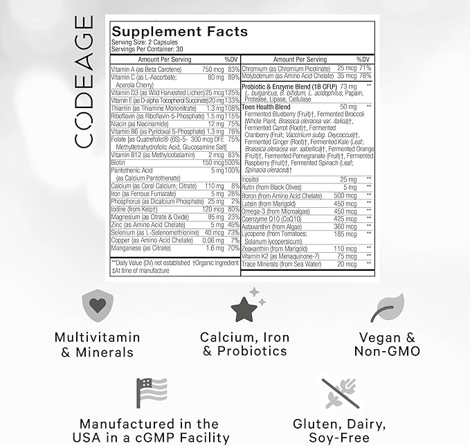 Codeage Teen’s Daily Multivitamin Supplement, 25+ Vitamins & Minerals for Teenage Boys & Girls, Organic Whole Foods Vitamins for Teenagers, Vitamin A, B Vitamins, Vitamin C, D, E, K, Omega-3, 2 Pack-SeraviaPure