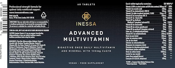 Inessa Methylated Multivitamin for Men - Advanced Natural Daily Mens Multivitamins with CoQ10 100mg, Vitamins D3, K2, A, B Complex Vitamins, Folic Acid & Zinc - 60 Vegan Tablets for Men & Women-SeraviaPure