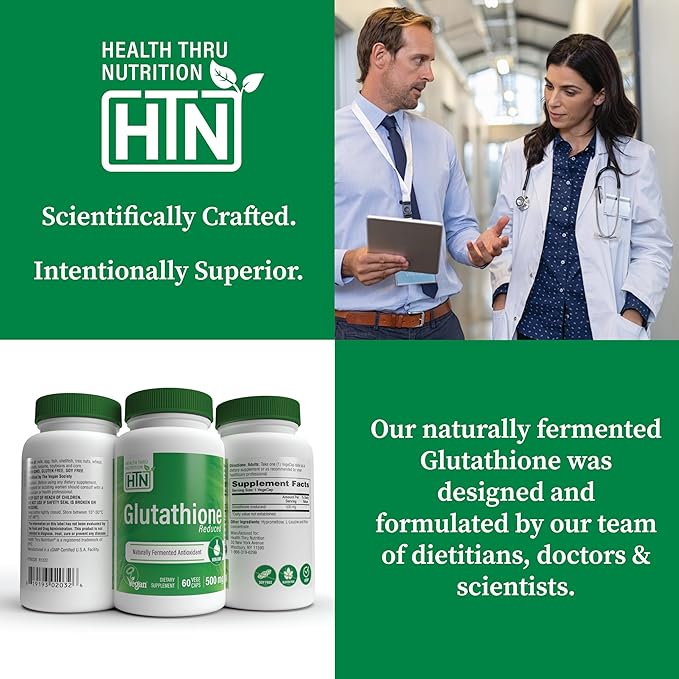 Health Thru Nutrition Glutathione Reduced 500mg Vegecaps | Vegan Certified | Fermented | Non GMO and Hypoallergenic | Master Antioxidant | Healthy Skin and Cellular Aging Support (Pack of 60)