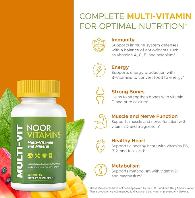 Noor Vitamins Halal Vitamins, Daily Multivitamin, Halal Vitamin for Women and Men, 30 Vitamins & Minerals, A, B12, C, Iron, Zinc to support general health, Non-GMO, Halal Multivitamin (2 Month Supply)-SeraviaPure