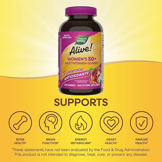 Nature's Way Alive! Women’s 50+ Daily Gummy Multivitamins, Supports Multiple Body Systems*, Supports Healthy Heart, Brain & Bones,* B-Vitamins, Mixed Berry Flavored, 130 Gummies (Packaging May Vary)-SeraviaPure