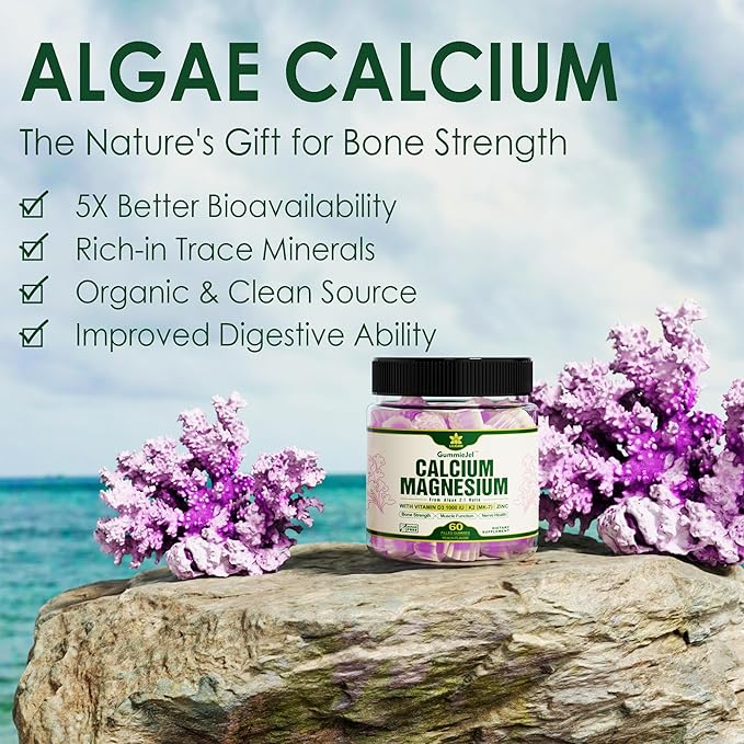 (2 Pack) Plant Based Calcium Supplement 600mg with Vitamin D3 K2, Zinc for Bone Strength, Sustainably Sourced Algae Calcium Magnesium 2:1 Ratio, Sugar Free Calcium Gummies 70+ Trace Minerals, Vegan-SeraviaPure