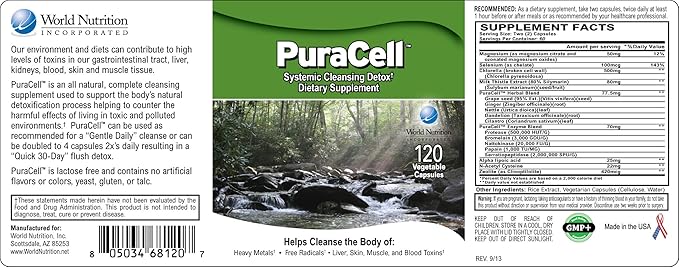 PuraCell Detox Maximum Strength Cleanse Supplement | Powerful, Fast Acting Natural Detoxifier Blend by World Nutrition Helps Reduce Toxic Buildup in Liver & Kidneys, Remove Mycotoxins (120 Count)