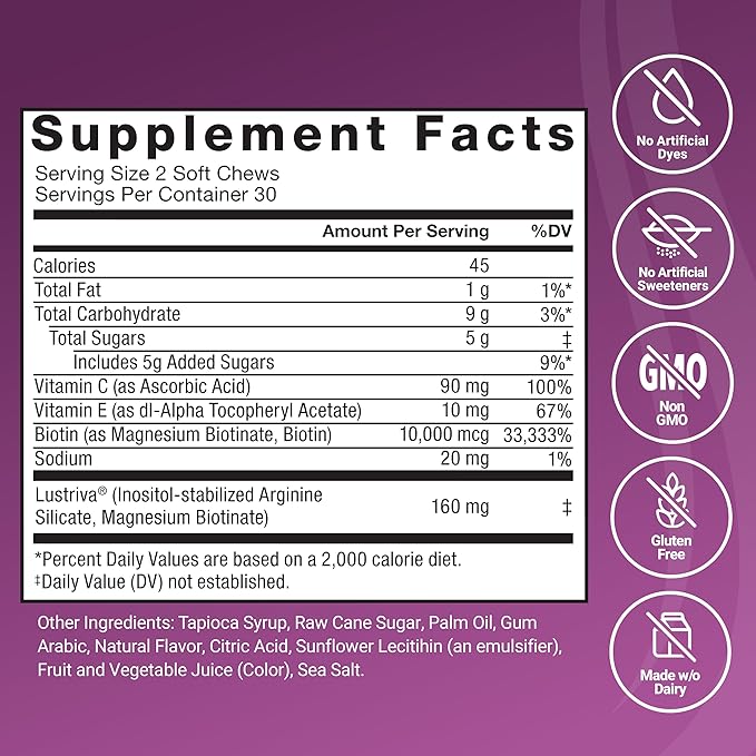 Force Factor Hair Growth Accelerator Soft Chews, Hair Growth Vitamins for Women and Men with Clinically Studied Lustriva and Biotin, Promotes Thicker, Fuller, Stronger Hair, Mixed Berry, 60 Soft Chews