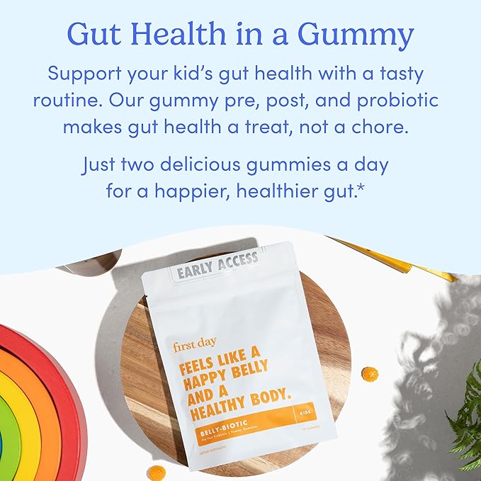 FIRST DAY Kids Probiotic Gummies - 3 in 1 Probiotics for Kids + Prebiotic & Postbiotic - Prebiotics & Probiotics for Digestive Health & Immune Support – Vegan, Gluten Free, 60-Day Supply