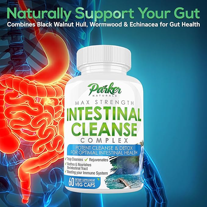 Intestinal Cleanse for Adults – Extra Strength Intestine Cleanse and Detox Supplements with Black Walnut Hull, Wormwood, and Echinacea – 60 Capsules