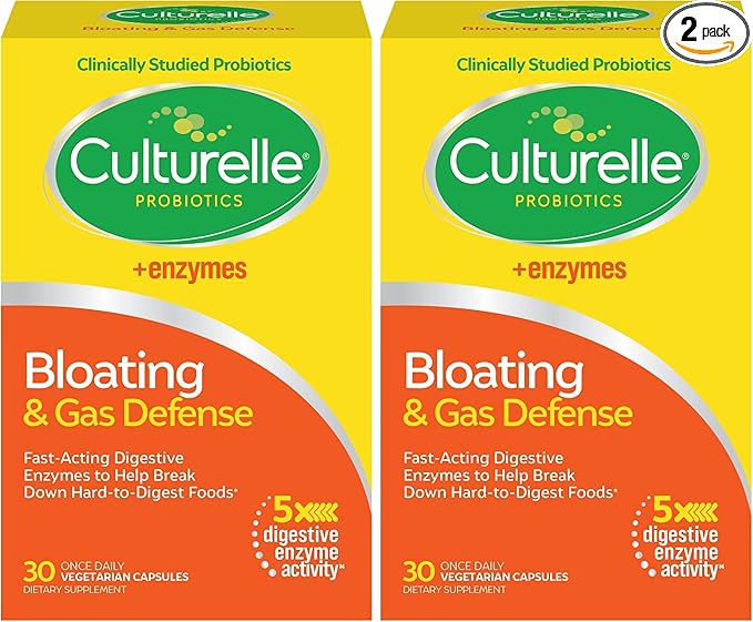 Culturelle Bloating & Gas Defense, Digestive Enzymes & Probiotics for Digestive Health, 30 Capsules, Supports Occasional Indigestion & Discomfort (Pack of 2)-SeraviaPure
