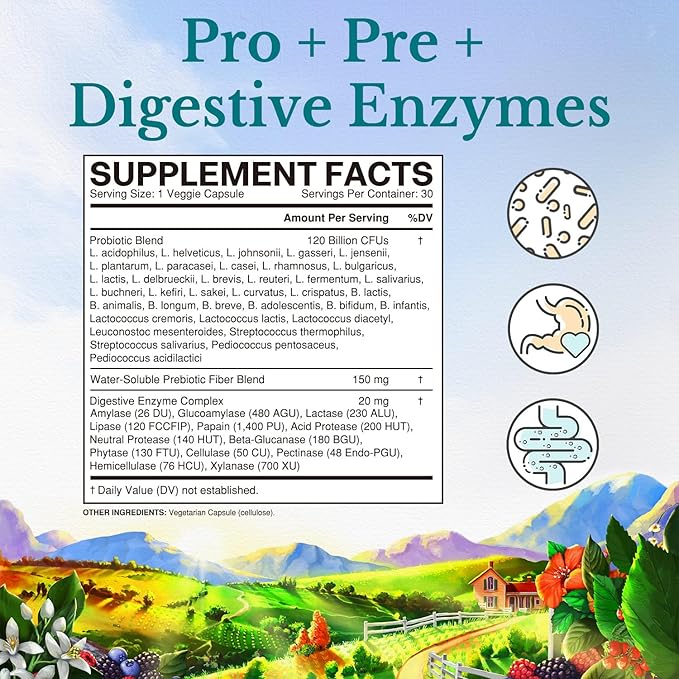 VITALITOWN Probiotics 120 Billion CFUs | 36 Strains, with Prebiotics & Digestive Enzymes for Men Women | Shelf Stable | Digestive Health & Immune Support | Vegan, Non-GMO | 30 Delayed Release Veg Caps-SeraviaPure