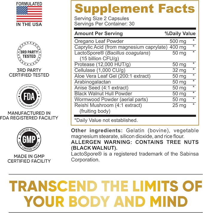Candida Cleanse with Natural Herbs and Probiotics, Oregano Leaf, Wormwood, Black Walnut, Caprylic Acid-SeraviaPure
