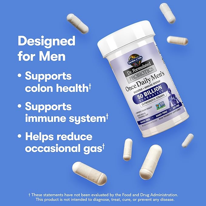 Garden of Life Probiotics for Men, Dr Formulated 50 Billion CFU 15 Probiotics for Digestive Health + Organic Prebiotic Fiber, Colon & Immune Support, Daily Gas Relief, Shelf Stable, 30 Capsules-SeraviaPure