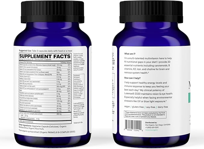 Ora Organic Plant Based Multivitamin for Women and Men, Bluelight Protection - Brain, Eye, Energy, Immune, Skin, Hair, Heart, and Bone Health Support, 60 Vegan Capsules-SeraviaPure