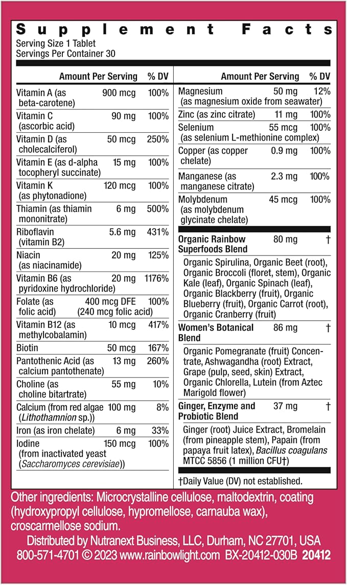 Rainbow Light Womens One High-Potency Daily Multivitamin, Womens Multivitamin Provides High-Potency Immune Support, With Vitamin C, Biotin and Ashwagandha, Vegetarian, 30 Count-SeraviaPure