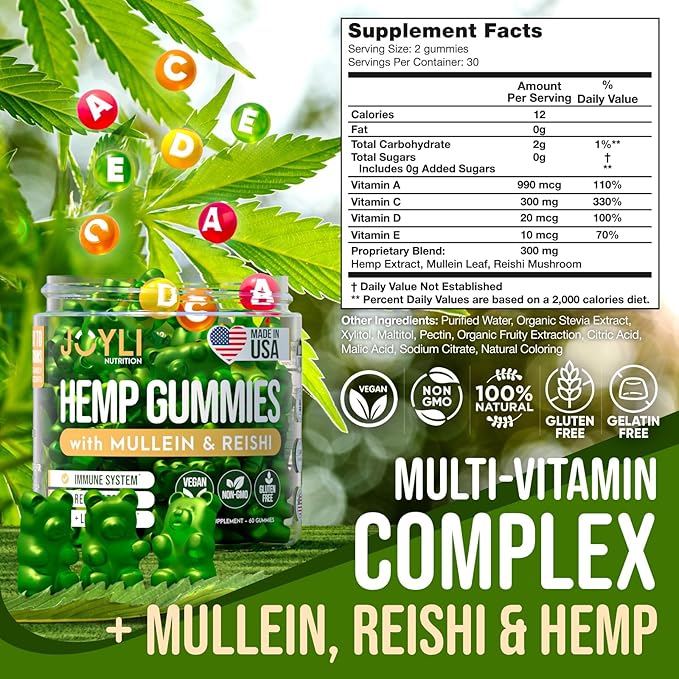 JOYLI Hemp Gummies - Natural Lung Cleanse with Mullein Leaf & Reishi Mushroom - Extra Strength Clean Lung Support Supplement with Vitamins A, C, D & E - Sugar-Free, Vegan, Non-GMO - 60 Edibles-SeraviaPure