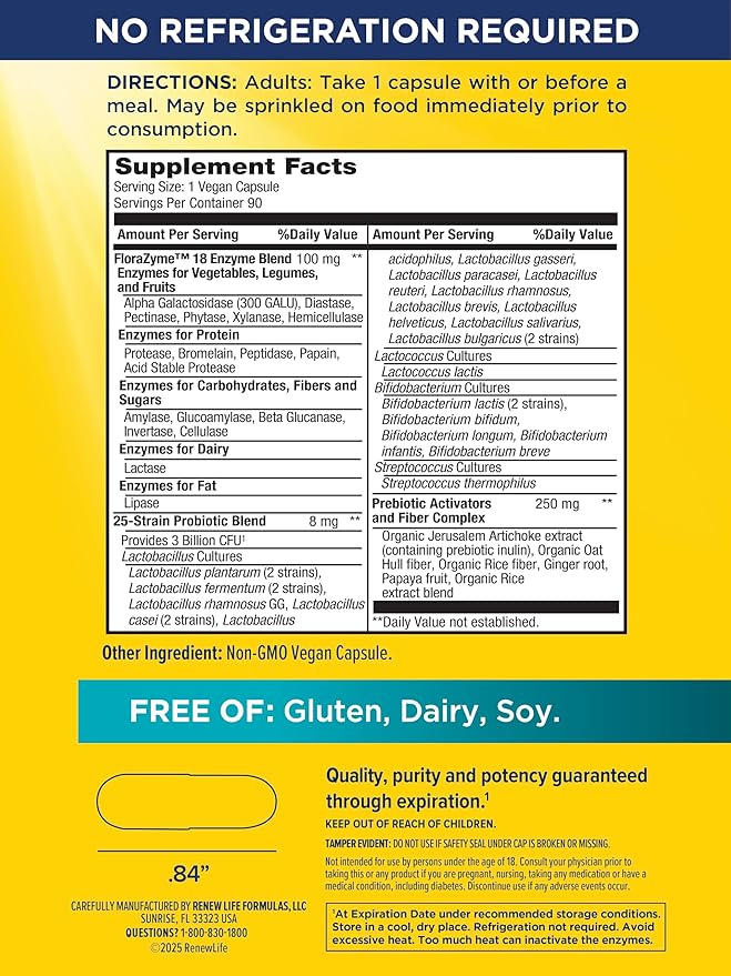 Renew Life Florazyme Digestive Enzymes with Probiotics | Doctor Formulated | Helps Occasional Gas, Bloating & Discomfort | Digestive & Immune Health | Dairy Free | 90 Vegan Capsules