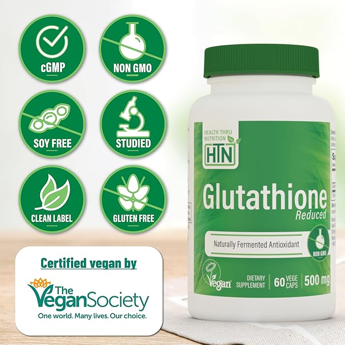 Health Thru Nutrition Glutathione Reduced 500mg Vegecaps | Vegan Certified | Fermented | Non GMO and Hypoallergenic | Master Antioxidant | Healthy Skin and Cellular Aging Support (Pack of 60)