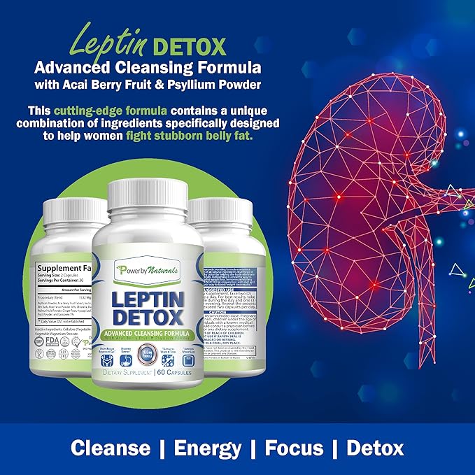 Power By Naturals Leptin Detox Cleanse for Reduce Weight - Natural Gut & Colon Cleanser, 1532mg, Acai Berry Cleanse for Men & Women, 60 Capsules, USA-Made-SeraviaPure