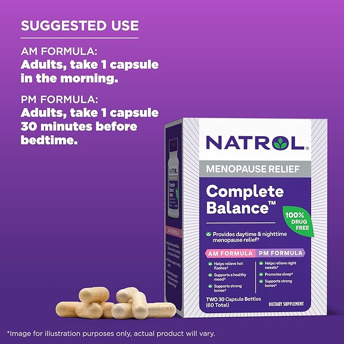 Natrol Complete Balance, Dietary Supplement for Menopause Relief, A.M./P.M. Menopause Relief for Women, 60 Capsules, Up to a 30 Day Supply-SeraviaPure