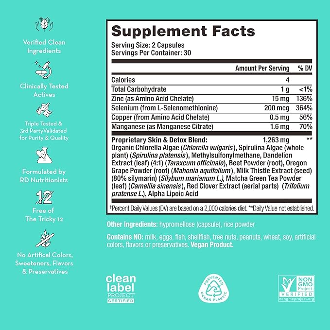 HUM Daily Cleanse Acne Supplement - Gut Cleanse Detox for Clear Skin with Organic Algae, Detoxifying Herbs, Zinc & Spirulina | Clear Skin Supplement (60 Capsules)-SeraviaPure