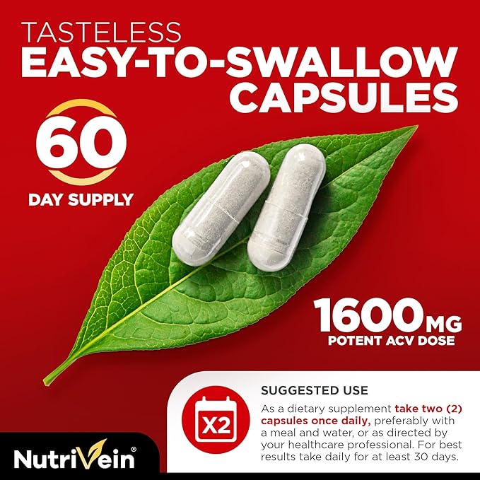 Nutrivein Apple Cider Vinegar Capsules with Mother - 1600mg - 120 Vegan Pills - Supports Healthy Diet, Digestion, Keto, Cleanser - Best Supplement for Immune System - ACV Raw-SeraviaPure