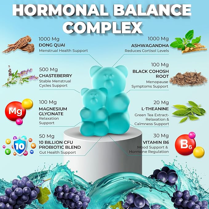 PMS Gummies Hormonal Balance Supplements For Women - Probiotic PMS Vitamins Menstrual Cramp Relief, Hot Flashes Menopause Support - PMS Relief with Dong Quai, Chasteberry, Black Cohosh & Ashwagandha-SeraviaPure