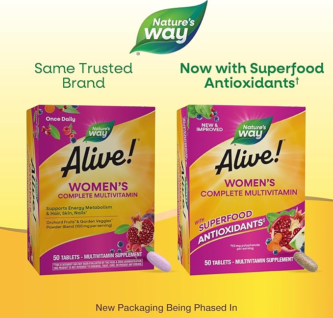 Nature's Way Alive! Daily Complete Multivitamin for Women, Supports Energy Metabolism, Hair, Skin & Nails*, B-Vitamins, Superfood Antioxidants, 50 Tablets (Packaging May Vary)