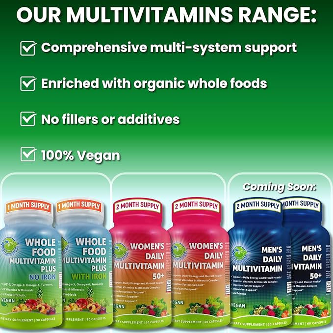Vegan Whole Food Multivitamin with Iron, Daily Multivitamin for Women and Men, Made with Fruits & Vegetables, B-Complex, Probiotics, Enzymes, CoQ10, Omegas, Turmeric, Non-GMO, 90 Count-SeraviaPure