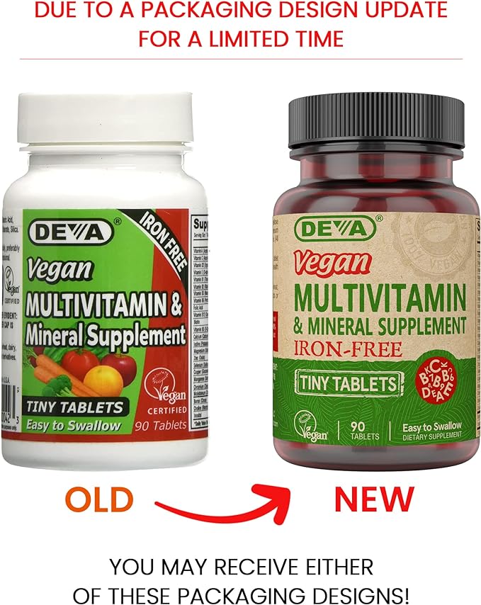 DEVA Tiny Tablets Vegan Multivitamins for Women & Men, Multivitamin Iron Free, Mineral Supplement, Vitamin C, Vitamin B Complex, Vitamin B12, Vitamin E, Zinc, Gluten Free, 90 Tablets-SeraviaPure