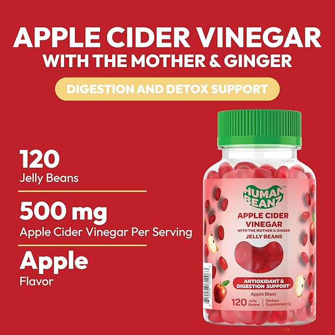 Apple Cider Vinegar Jelly Bean Gummies with The Mother and Ginger, Vegetarian Dietary Supplements for Men and Women, Digestive Health Support, 120 Apple Blast Jelly Beans, Kosher-SeraviaPure