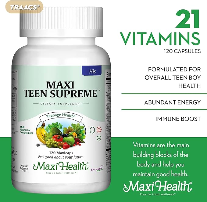 Maxi Health Teen Supreme HIS Vitamins for Teen Boys (120) - Teen Multivitamin for Young Men Ages 12 17 - Daily Teen Vitamins for Nutrition, Energy, Immune Support, Antioxidants & Teen Boy Needs-SeraviaPure