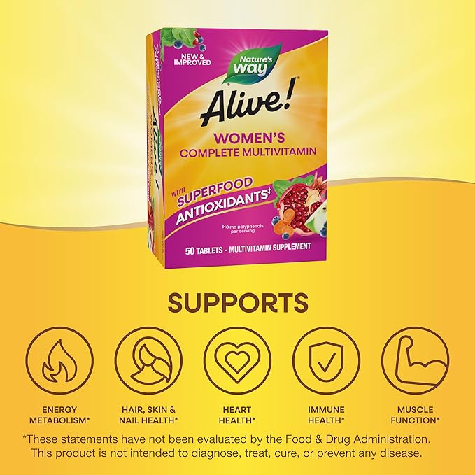 Nature's Way Alive! Daily Complete Multivitamin for Women, Supports Energy Metabolism, Hair, Skin & Nails*, B-Vitamins, Superfood Antioxidants, 50 Tablets (Packaging May Vary)
