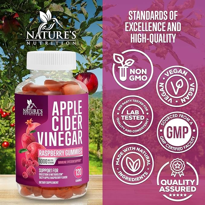 Vegan Apple Cider Vinegar Gummies 1000mg for Detox & Cleanse, ACV Gummy Vitamin B12 for Digestion Metabolism & Immune Health Support, Natural Apple Raspberry Flavor, Gluten Free - 120 Gummies-SeraviaPure