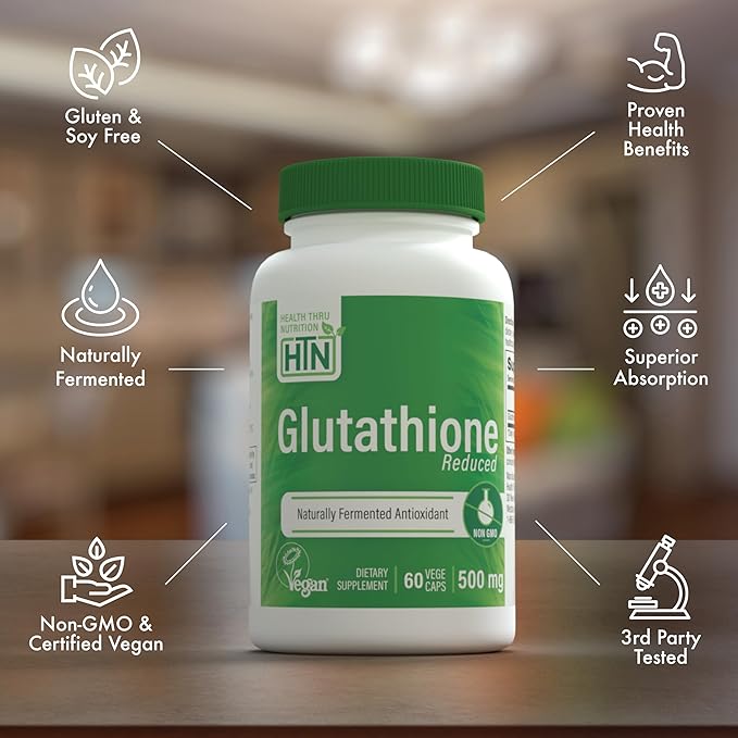 Health Thru Nutrition Glutathione Reduced 500mg Vegecaps | Vegan Certified | Fermented | Non GMO and Hypoallergenic | Master Antioxidant | Healthy Skin and Cellular Aging Support (Pack of 60)