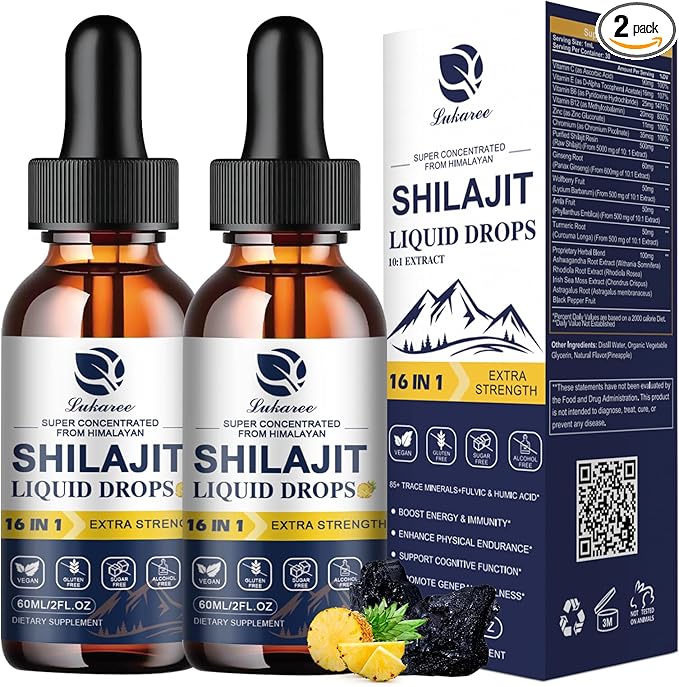 (2 Pack) 16-in-1 Himalayan Shilajit Drops for Men and Women, Ashwagandha, Ginseng, Turmeric, Rhodiola, Amla, Sea Moss, Liquid Vitamin Supplement with 85+ Trace Minerals and Fulvic Acid, 2 FL Oz-SeraviaPure