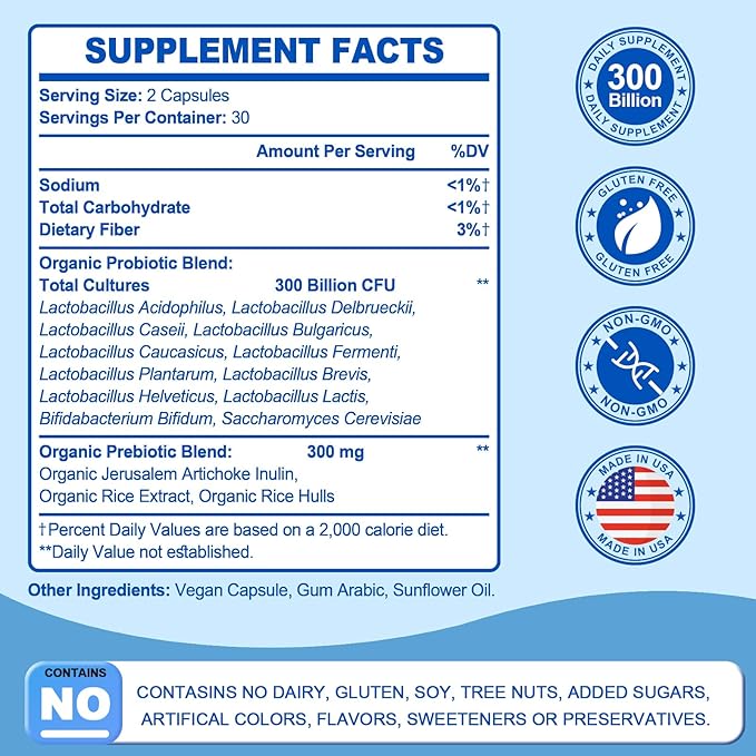 Probiotic 300 Billion CFU - 12 Strains Probiotics with Organic Prebiotics for Digestive & Gut, Immune, Bloating Health - Probiotics for Women and Men - Daily Probiotics Supplement -120 Counts-SeraviaPure