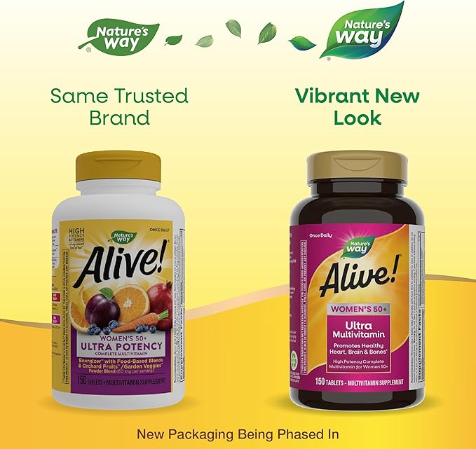 Nature’s Way Alive! Women’s 50+ Ultra Potency Complete Multivitamin, High Potency Formula, Promotes Healthy Heart, Brain, Bones*, with Methylated B12, Gluten-Free, 150 Tablets (Packaging May Vary)-SeraviaPure