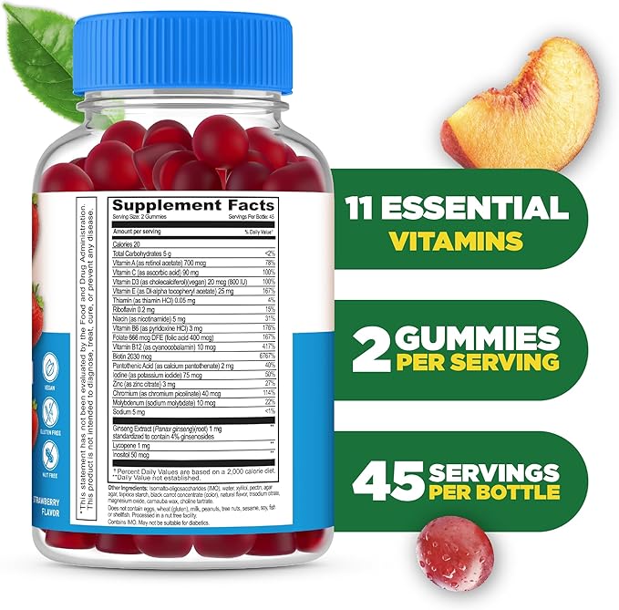 Lifeable Sugar Free Multivitamin Gummies | with Vitamin A, C, D, E, Niacin, B6, Folate, B12, Biotin, Pantothenic Acid, Iodine, Zinc | Great Tasting Adult Multivitamin Gummy | 90 Gummies-SeraviaPure