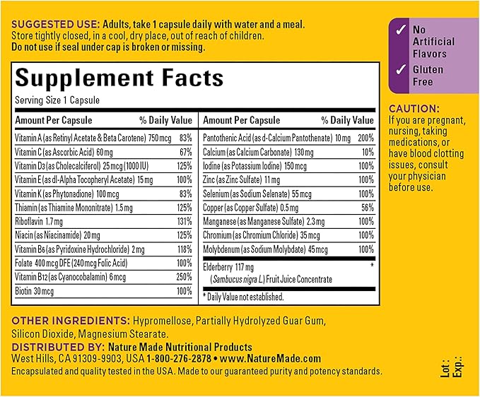 Nature Made Multi + Elderberry Capsules, Multivitamin for Daily Immune Support, One Per Day Multivitamin, 60 Count-SeraviaPure