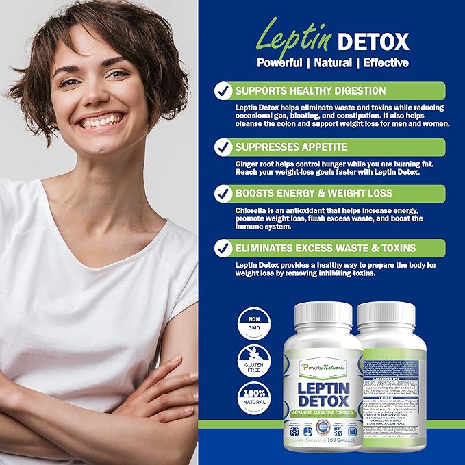 Power By Naturals Leptin Detox Cleanse for Reduce Weight - Natural Gut & Colon Cleanser, 1532mg, Acai Berry Cleanse for Men & Women, 60 Capsules, USA-Made-SeraviaPure